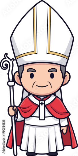 A smiling cartoon illustration of a young Pope wearing a white robe and red cape holds a staff.