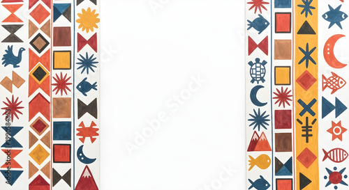 Colorful Ethnic Folk Art Pattern Borders with Geometric and Symbolic Motifs on White Background