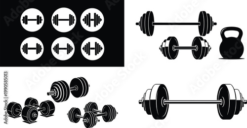 Dumbbell fitness icons set gym weights barbell kettlebell strength training silhouette vector collection minimal modern sport equipment