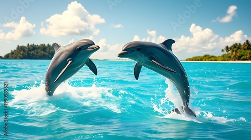Playful blue dolphin jumping in ocean water isolated on white background

