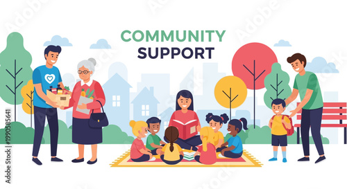 Community Support Illustration Showing Volunteering and Social Assistance to Elderly and Children.