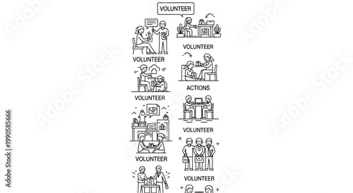Set of hand drawn volunteer icons and sketches depicting community service activities.