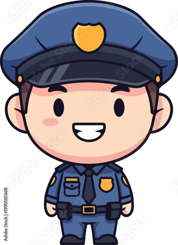 A smiling cartoon police officer wearing a blue uniform and hat is standing