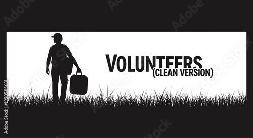 Black and White Silhouette of a Volunteer Man Carrying Luggage through Grass.