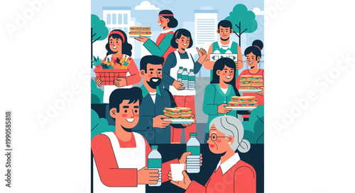 Diverse Group of Volunteers Providing Food and Water to People in Need Illustration.