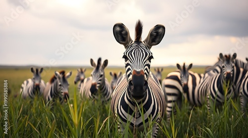 Close up zebra head portrait with black and white stripes on white background

