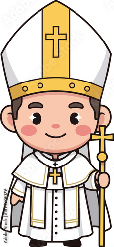 A smiling cartoon illustration of a young pope dressed in white and gold robes holding a cross.