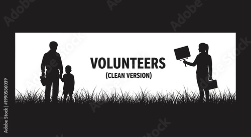 Silhouette of a man child and woman as volunteers in a field.