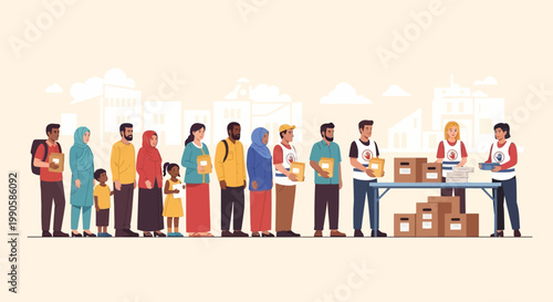 Flat vector illustration of diverse people standing in a line to receive humanitarian aid and food boxes from volunteers.