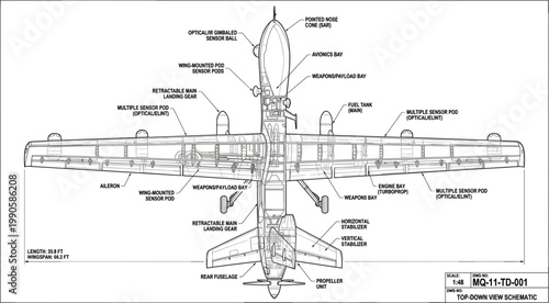 Aircraft top view technical blueprint illustration, detailed airplane diagram with labeled components for aviation engineering and mechanical design concept
