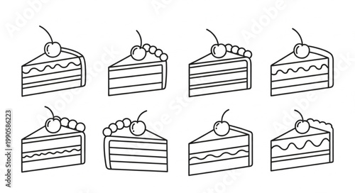 Collection of eight hand-drawn cake slices with cherries.