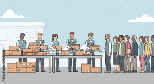 Diverse volunteers distributing food boxes to a line of people at a charity event illustration.