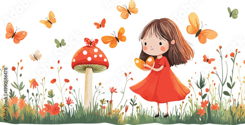 Little girl in a red dress holding a bouquet of flowers in a grassy meadow, spring and summer cartoon illustration, cheerful childhood nature scene