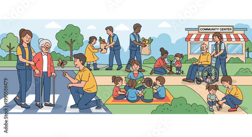 Diverse community members engaged in acts of kindness and volunteering.