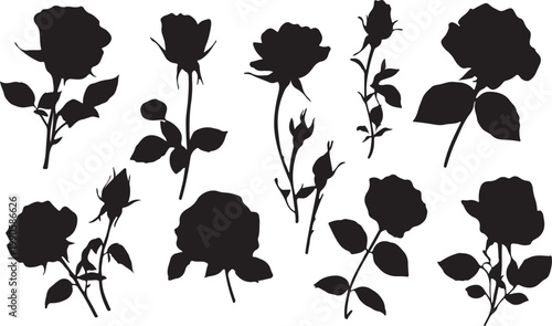 Seamless vector set of floral flower silhouettes with roses poppy buds and leaves for spring and summer garden pattern design