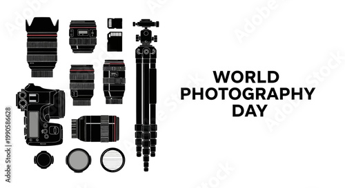 World Photography Day Celebration with Professional Camera Equipment and Tripod.