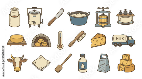 Cheese Production Icon Set – Milk Processing, Curd Formation, Dairy Manufacturing Workflow Vector Icons for Food Industry, Farm and Artisan Use