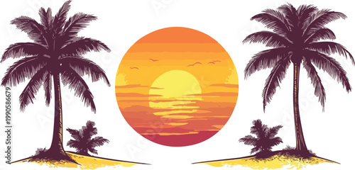 Tropical beach and island vector illustration with palm trees, ocean, sunset sky, sand and summer vacation paradise landscape