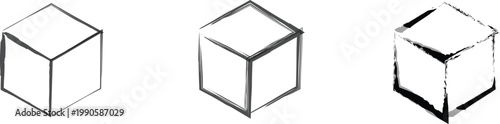 3D Geometric Cube Shapes Wireframe Models Set of Three Different Perspective Views Black and White