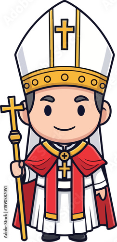 A cartoon illustration of a smiling Pope wearing a white mitre and red cape holding a cross.