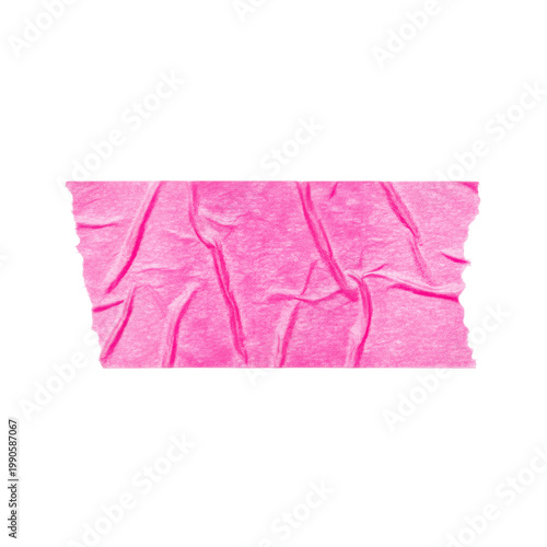 A vibrant neon pink painter's tape strip, detailed crepe paper texture with wrinkles and fibrous edges, isolated on a transparent background with studio lighting, a concept of modern precision