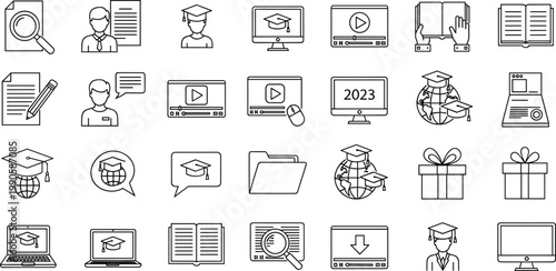 Education and online learning line icon set featuring courses graduation video lessons and academic resources concepts collection