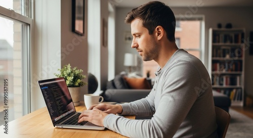 Man working laptop home office