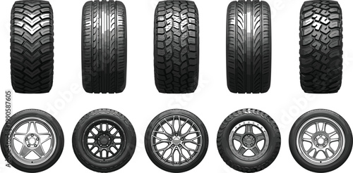 Car tires and wheel rims collection illustration, automotive set with different tread patterns and alloy wheel designs for vehicle use