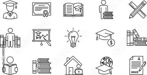 Education learning line icons set school study graduation books knowledge outline vector collection minimal modern academic symbols