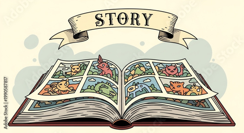 Open Story Book with Banner.