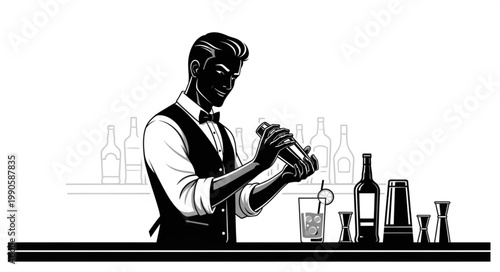 Bartender Shaking Cocktail at Bar with Bottles and Glasses.