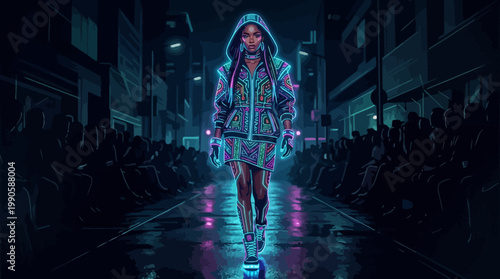 Model walks down city street runway at night with neon lights