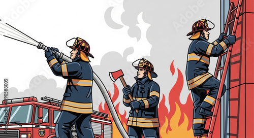 Firefighters battling a blaze with water hose and axe near a fire truck.