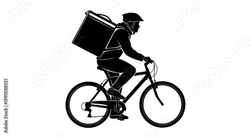 Silhouette of a delivery person on a bicycle with a large insulated bag.