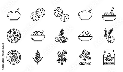 Oatmeal healthy food icons set vector thin line porridge cookies cereal oats agriculture organic crop pictograms isolated white background