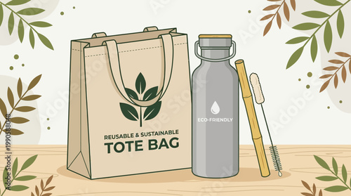 Eco friendly reusable bag water bottle and straw on wooden table with leaves