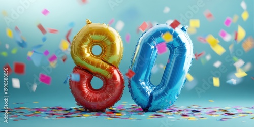 Colorful balloon 80 confetti celebration festive bright party backdrop with floating foil numerals