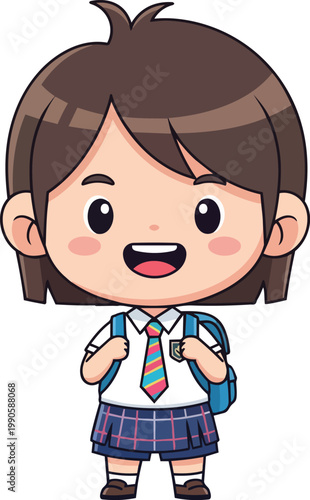 A cheerful schoolgirl wearing uniform and backpack smiles happily outdoors