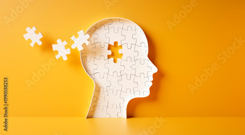 Photos Head and brain diseases concept - missing pieces flying of the brain puzzle on y