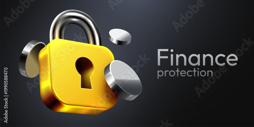 Secure Financial Data. Golden Padlock with Floating Coins on Dark Background, symbolizing digital security. Vector illustration