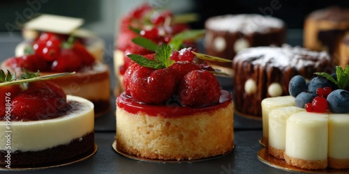 Individual strawberry topped cheesecakes and assorted mini desserts with berries and chocolate elegant display