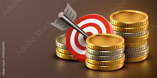 Target hit by arrow with stacks of gold coins, symbolizing financial goal achievement. Vector illustration.