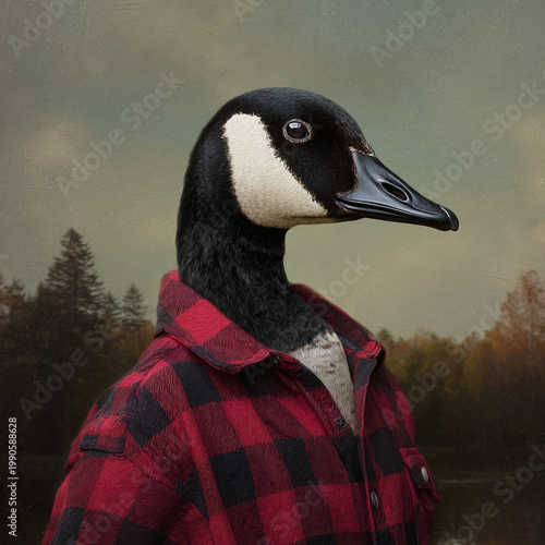 A whimsical goose wearing a red plaid shirt, set against a serene natural backdrop.
