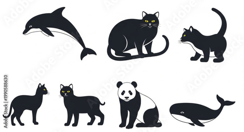 Collection of Silhouetted Animals Dolphin Cat Panda Whale.