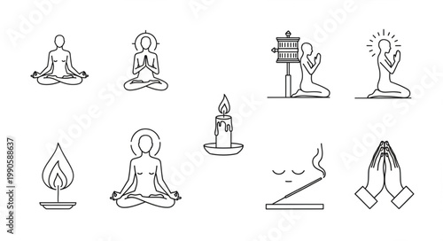 Collection of spiritual and meditation icons in line art style.
