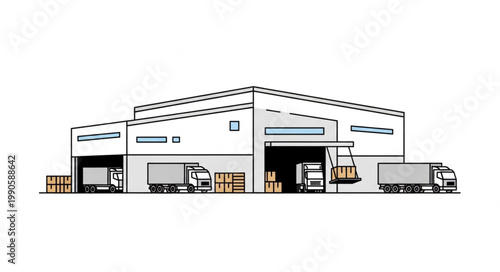 Modern Warehouse Building with Trucks and Cargo Loading.