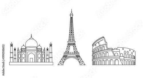 Famous Landmarks Silhouette Collection Taj Mahal Eiffel Tower Colosseum.