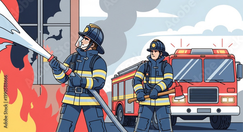 Firefighters battling a building fire with a fire truck present.