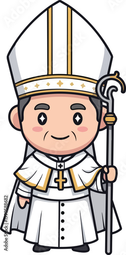 A smiling cartoon illustration of a bishop wearing a mitre and holding a staff.