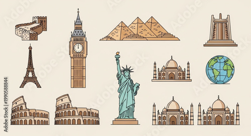 Famous World Landmarks Collection Illustration.
